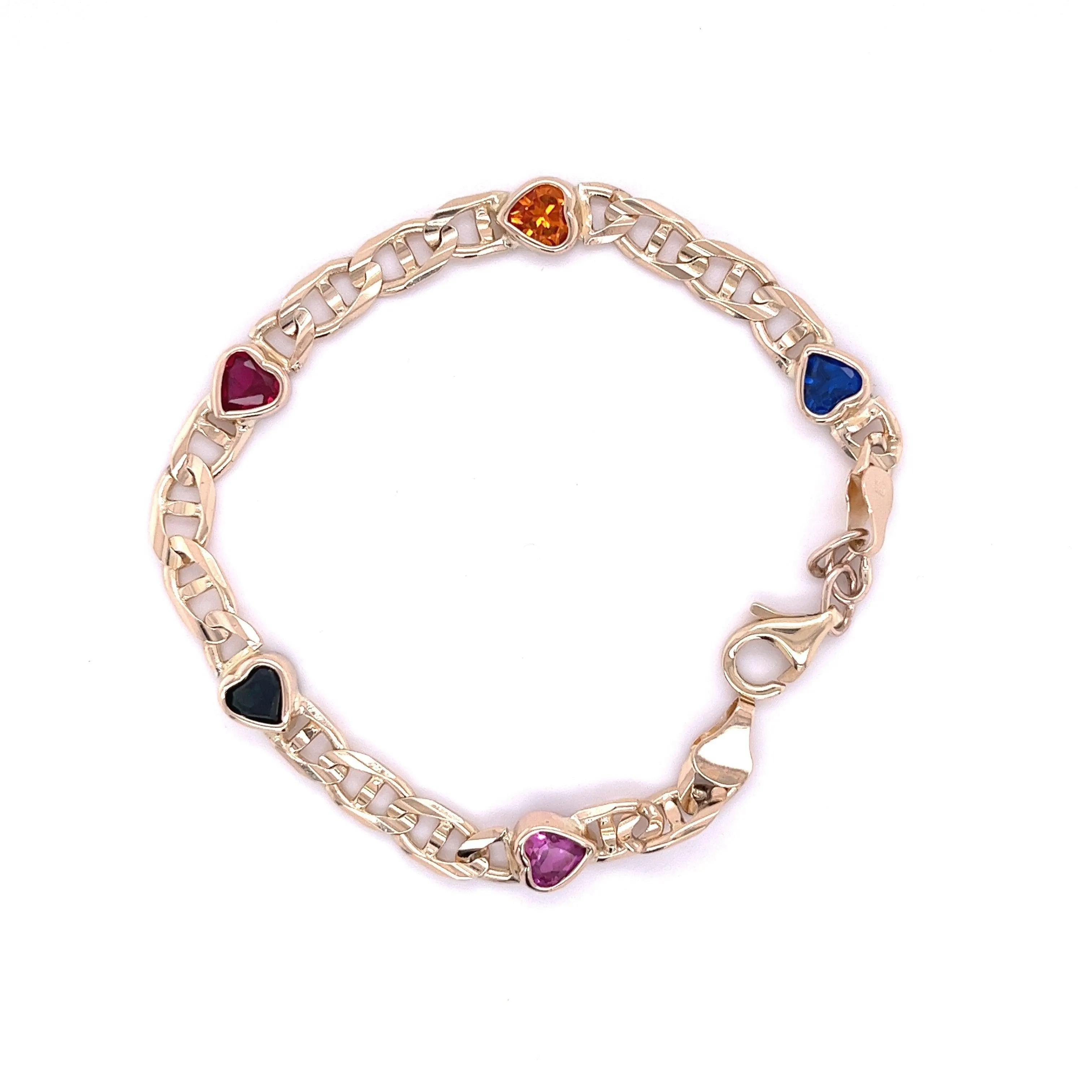 14K Yellow Gold Heart-Shape Multi Gemstone Charm Bracelet | Pink/Blue Sapphire, Peridot, Citrine, Ruby