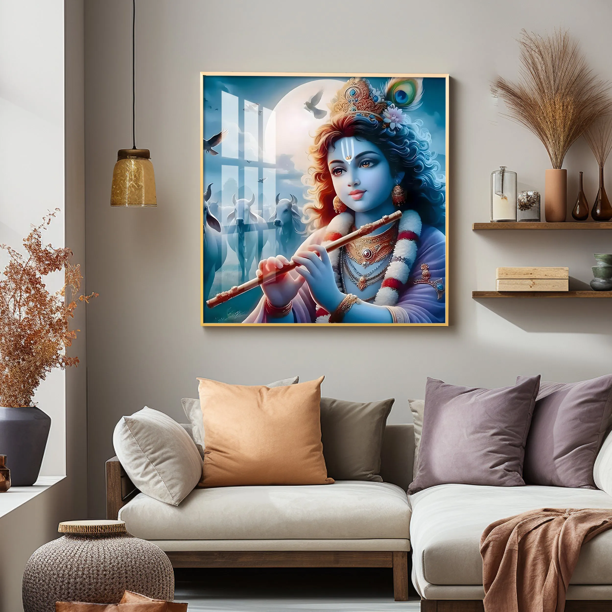 Bal Krishna With Flute Premium Acrylic Square Wall Art