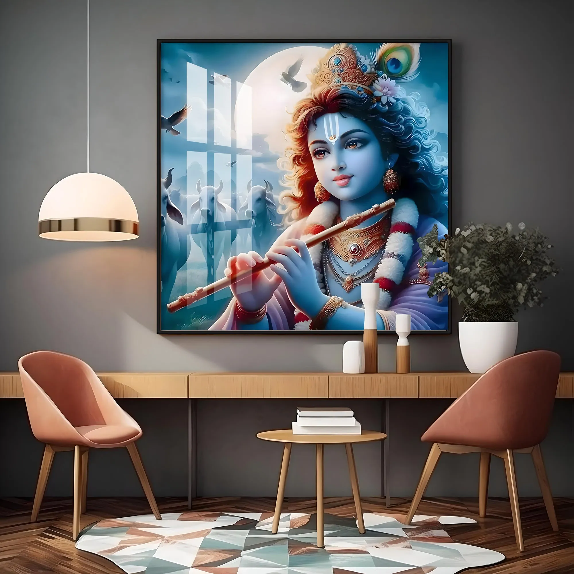 Bal Krishna With Flute Premium Acrylic Square Wall Art