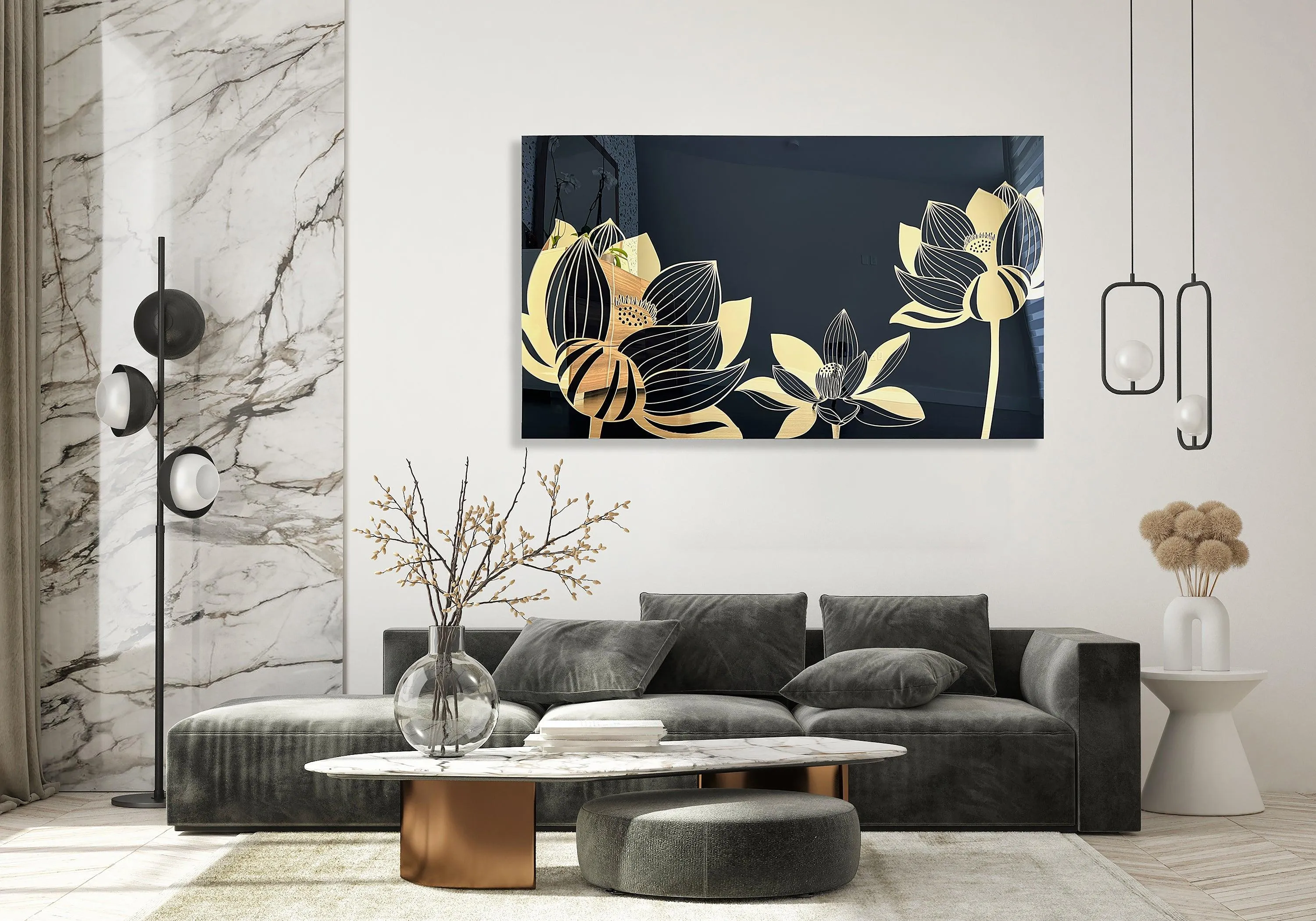 Black and Gold Mirror Lotus Flower Acrylic Art