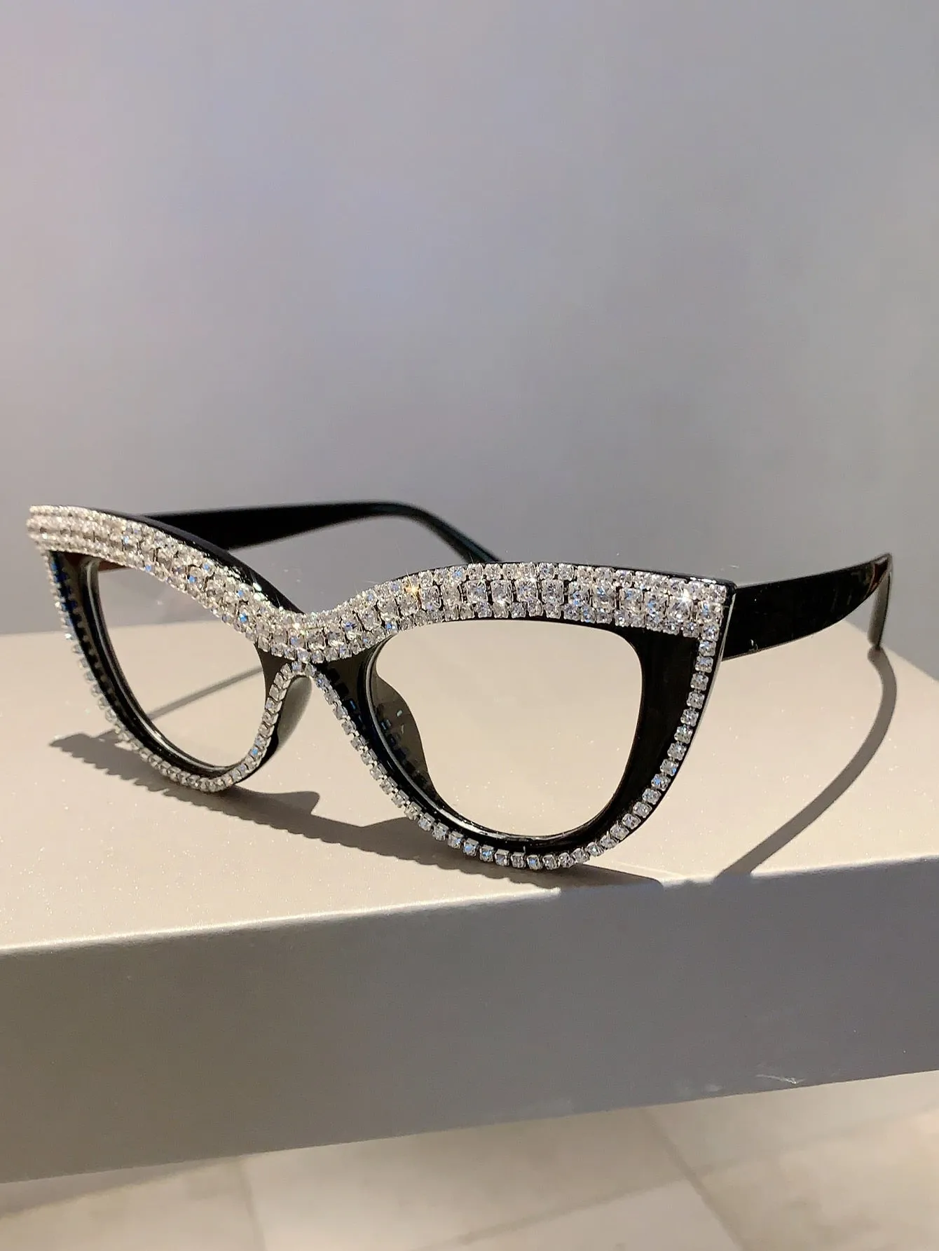 Cat Eye Clear Glasses With Rhinestone Studded Frame