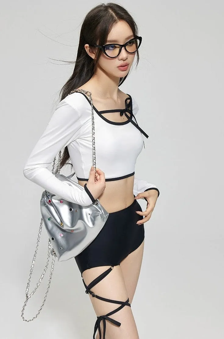 Contrast Hem Long Sleeve Crop Top and High-Waisted Bikini Set