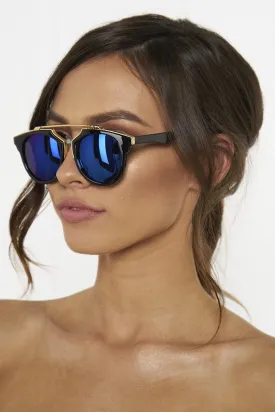 Honey Couture STACEY Gold & Black Frame Blue Reflective Sunglasses