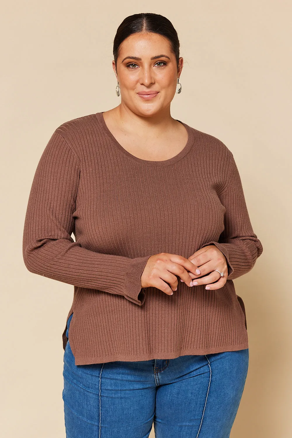 Long Sleeve Knitted Top in Cacao