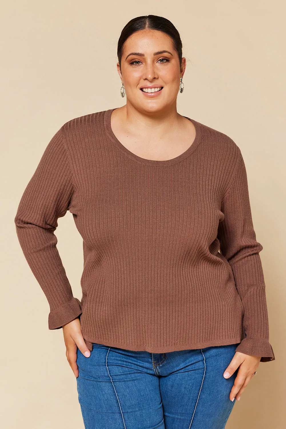 Long Sleeve Knitted Top in Cacao