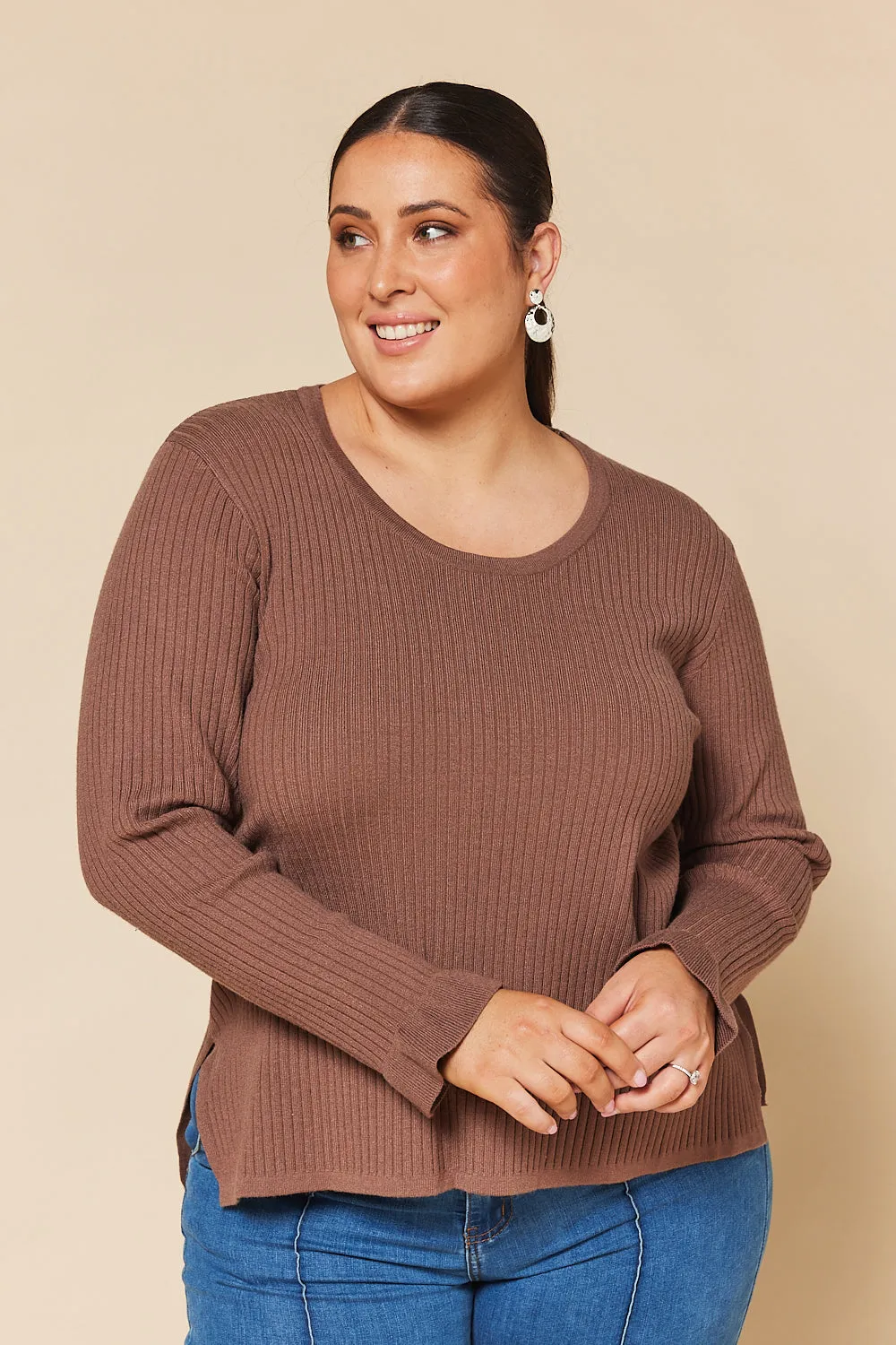 Long Sleeve Knitted Top in Cacao