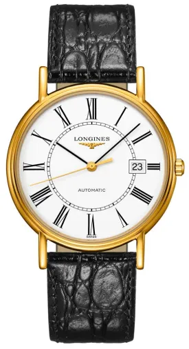 Mens Longines Presence Automatic Watch with Yellow Gold PVD, White Dial, Black Leather Strap, and Date Feature - Model L4.921.2.11.2