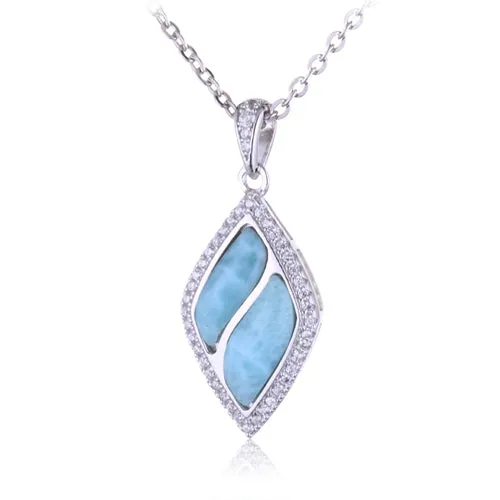 Sterling Silver Diamond Shape with Larimar Inlay Pave CZ Pendant (Chain Sold Separately)