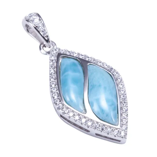 Sterling Silver Diamond Shape with Larimar Inlay Pave CZ Pendant (Chain Sold Separately)